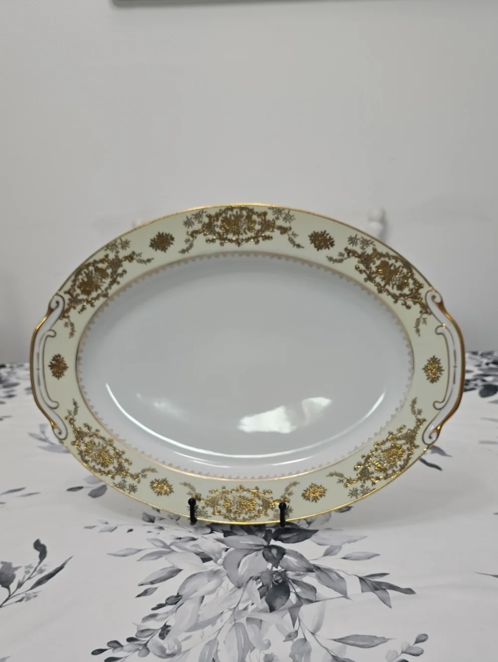 Vintage Wiss China Oval Serving Tray Porcelain Japan White Gold Floral Filigree